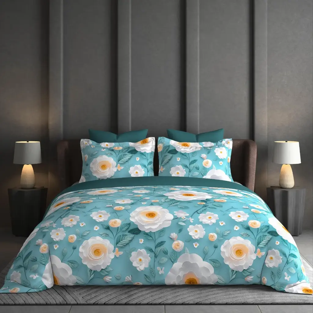 Large, dimensional White Roses with soft yellow centers and leaves. bedsheet