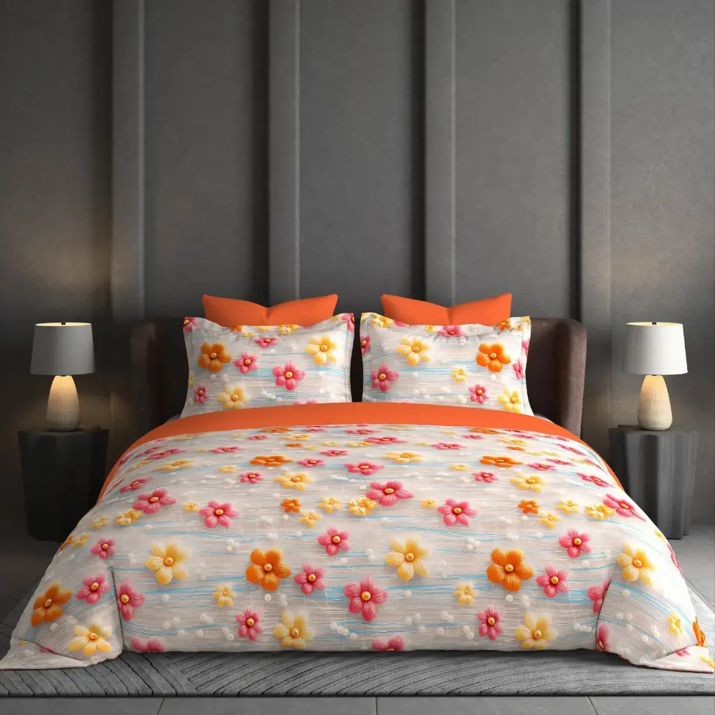 Small, scattered Flowers (5-petal style) with a faintly striped background bedsheet