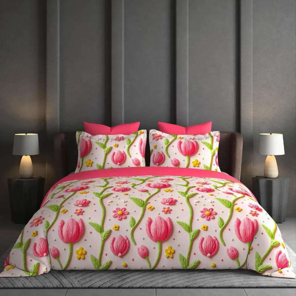 Large, dimensional Pink Tulips on bold green, winding stems bedsheet