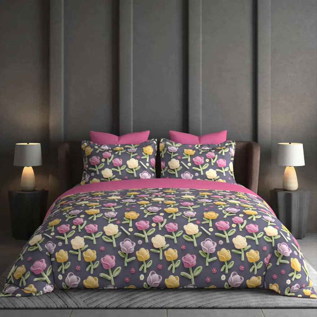 Small, repeated dimensional Tulips in block-like rows bedsheet
