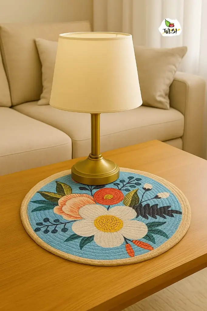 Round Jute Table Mat - Blue Floral Pattern