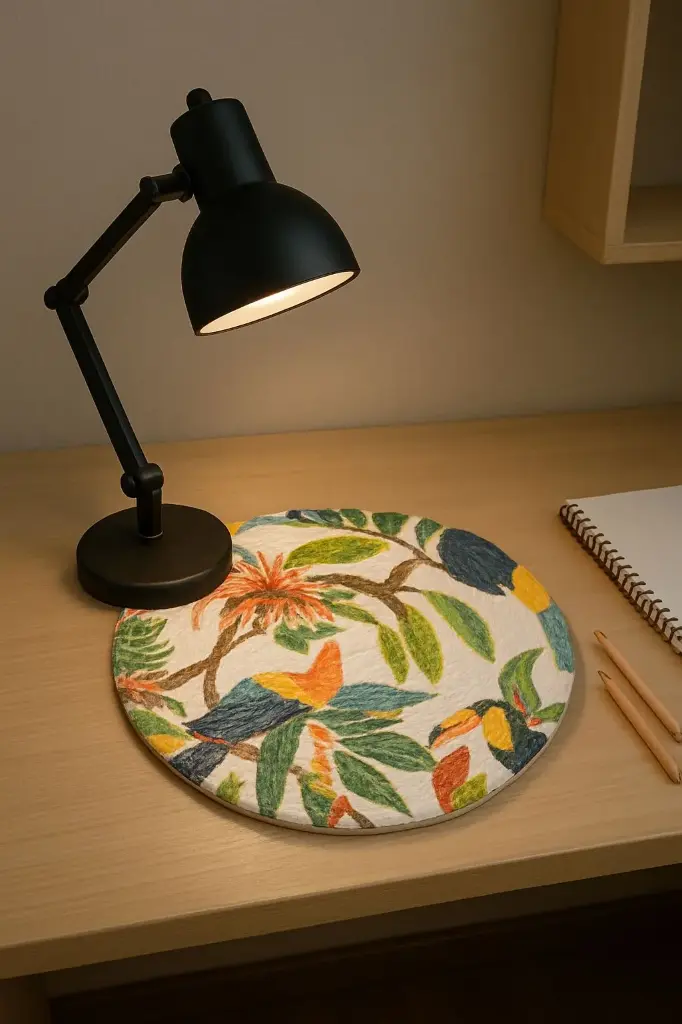 Vibrant round mat with a detailed, eye-catching mandala pattern in bright orange, blue, and yellow