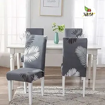 Premium Dining Chair Cover - Grey Leaf Print (6-pieces set)