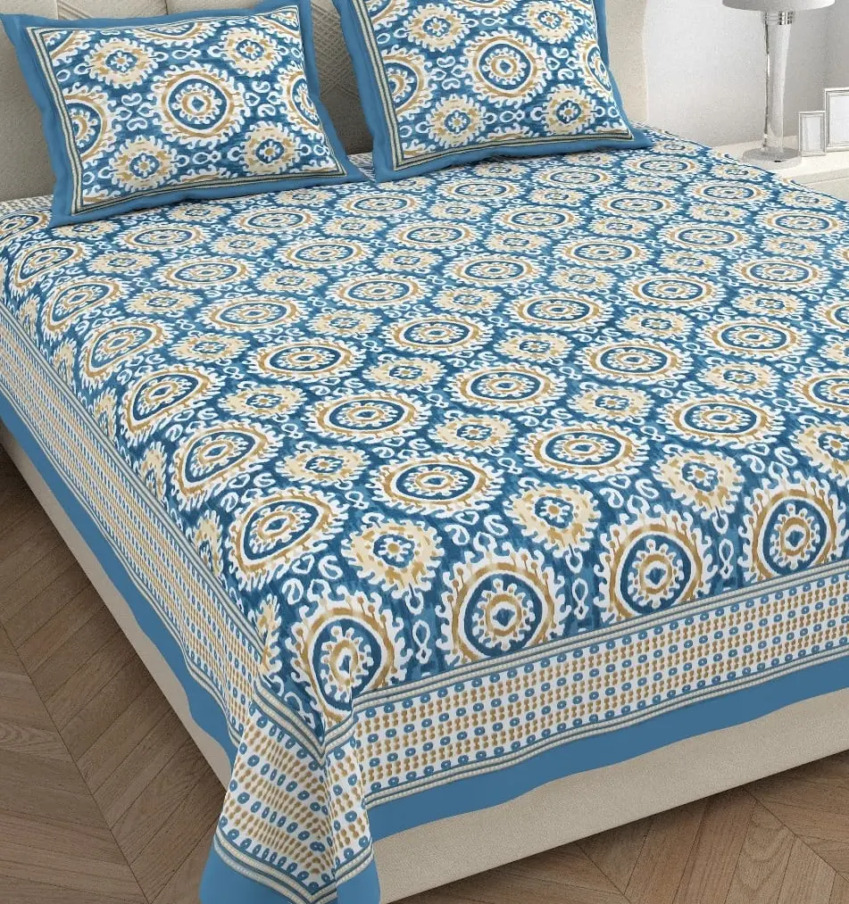 Double Bedsheet - Blue & Gold Medallion